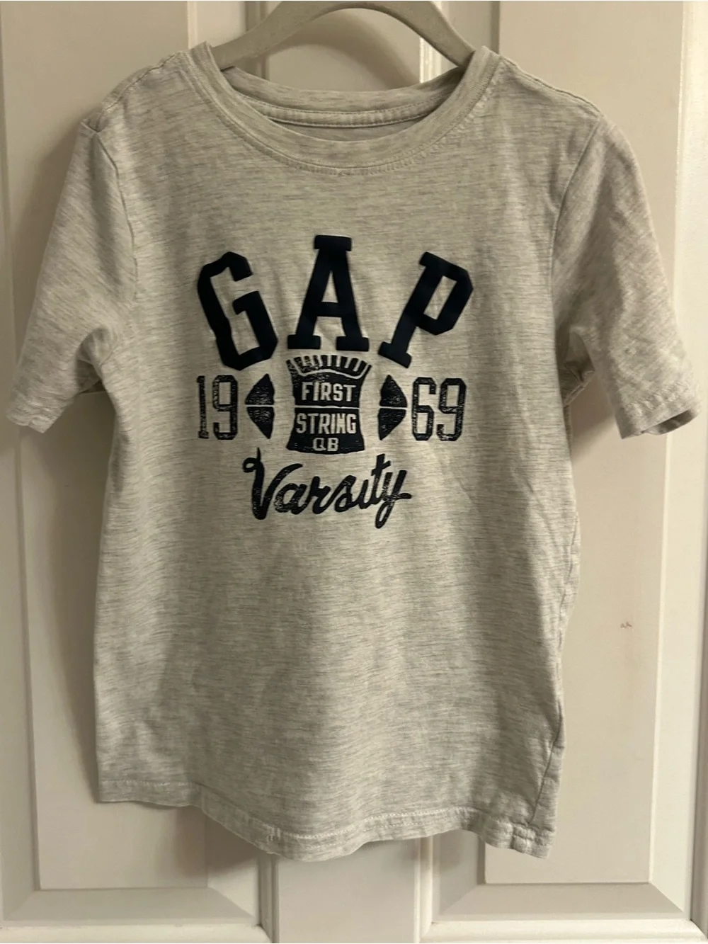 Boys GAP Light Gray Tee with Navy Varsity Logo